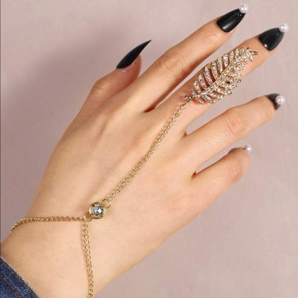 Bohemian gold rhinestone leaf mitten bracelet